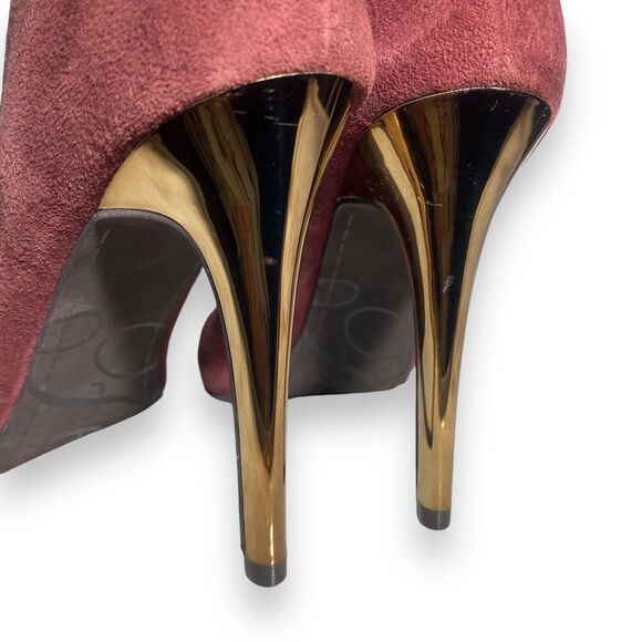 Fergie Rina Burgundy Wine Suede V Cut Peep Toe Heels Ankle Booties Size 6.5 M - Picture 8 of 9